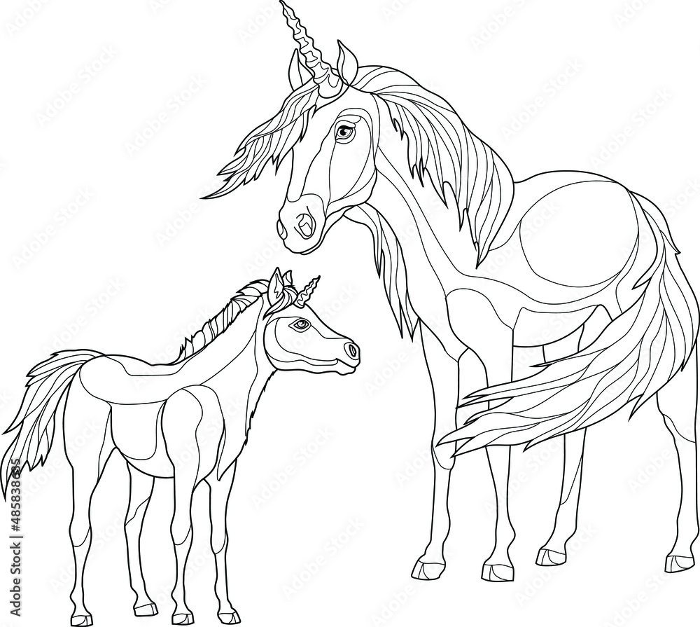 Realistic unicorns creatures sketch template. Cartoon horse and baby graphic vector illustration in black and white for games, background, pattern, decor. Coloring paper, page, story book, print