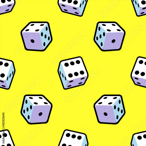 Cartoon pattern of playing dice on a yellow background for printing and design. Vector illustration.