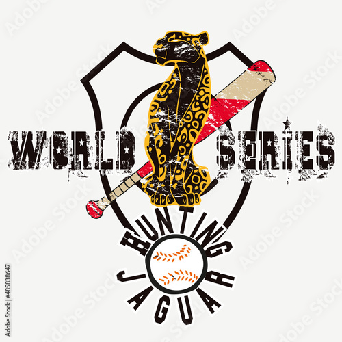 Jaguar mascot of a baseball team in a coat of arms with a baseball bat and a ball. Baseball mascot illustration concept.