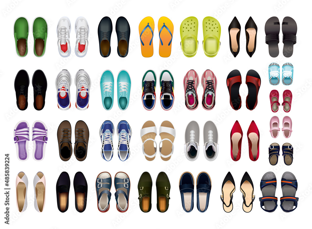 Collection of men's, women's and children's shoes in a realistic style with a top view. Collection of men's, women's and children's shoes in a realistic style with a top view.