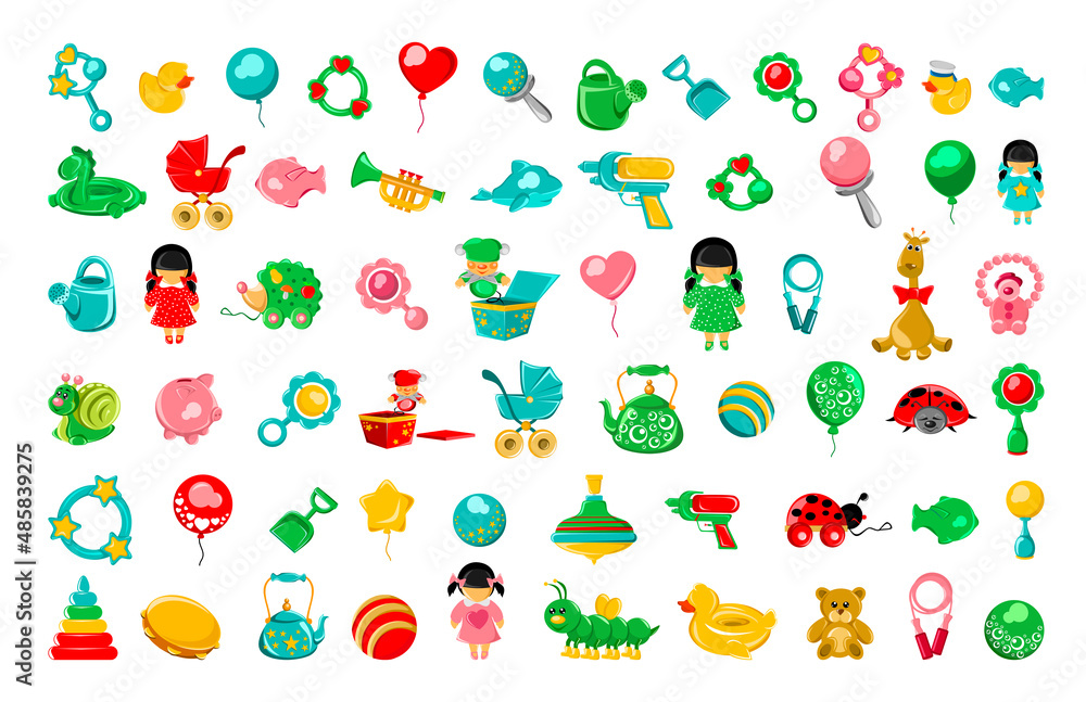 Collection of colorful children's toys in flat style. Illustrations for kids. Collection of colorful children's toys in flat style. Illustrations for kids.