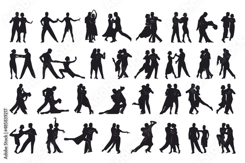 Collection of black silhouettes of a man and a woman dancing tango. Character shadows.