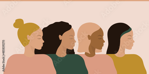cross cultural, multi ethical, diversity women. concept of woman power, tolerance, discrimination, racial equality, social network and communication in community. flat vector illustration