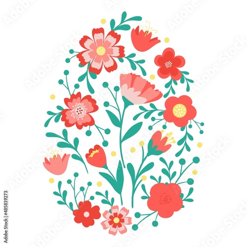 Decorative hand drawn egg with cute flowers, leaves. Happy Easter holiday. Spring floral colorful egg isolated on white background. Abstract doodle vector illustration for greeting card, invitation