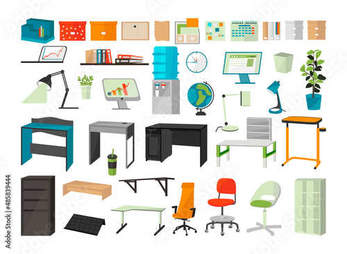 Collection of office furniture and accessories. Interior items.