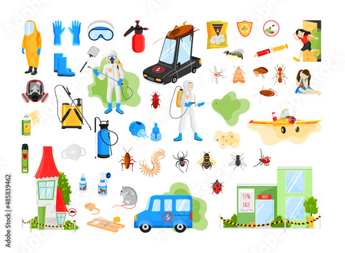 Pest control service. Insect and rodent control equipment illustration set.