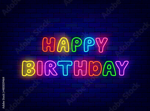 Happy Birthday neon greeting card. Child colorful text. Shiny inscription. Light effect banner. Vector illustration
