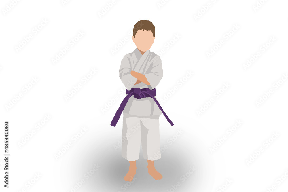 Flat illustration of little kid in karate or judo kimono with brown belt isolated on white background. Self defence, training and martial arts concept with copy space.