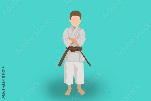 Flat illustration of little kid in karate or judo kimono with brown belt isolated on turquoise background. Self defence, training and martial arts concept with copy space.