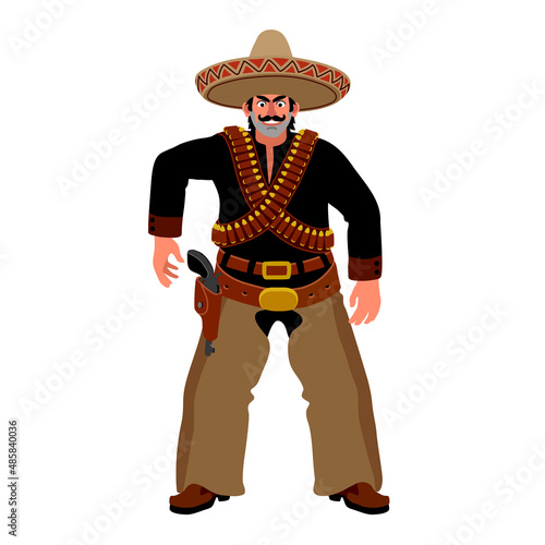 A smiling Mexican gunfighter in a sombrero. Funny character from the Wild West. A desperate duelist. Color vector illustration isolated on a white background in a cartoon and flat design.