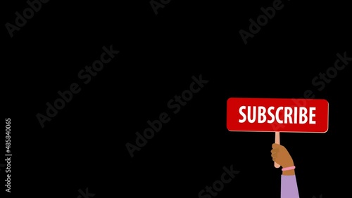 A woman's hand raises a poster with the text Subscribe. Business woman advertises her blogging channel. Click the subscribe button. The tablet moves, the sleeve coquettishly slides off the arm.