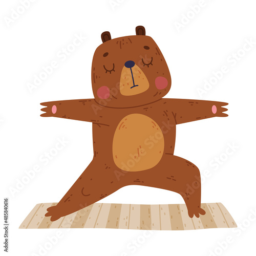 Funny Bear Animal on Yoga Mat Practicing Asana and Stretching Vector Illustration