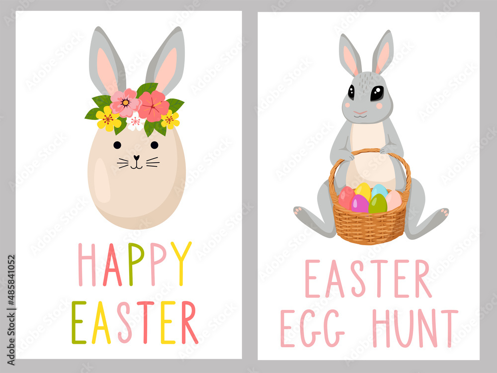 Set of Happy Easter greeting cards with cute egg with rabbits' ears and flowers, and a cute rabbit with basket of colored eggs. Set of Happy Easter greeting cards with cute egg with rabbits' ears and flowers, and a cute rabbit with basket of colored eggs.