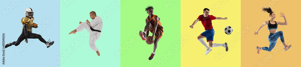 Collage. Portrait of sportive people in action, training isolated over multicolored background