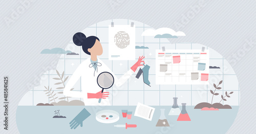 Forensic science and criminal justice DNA technology tiny person concept. Fingerprint searching at crime scene for murderer or theft personality evidence or proof vector illustration. Examining ID.