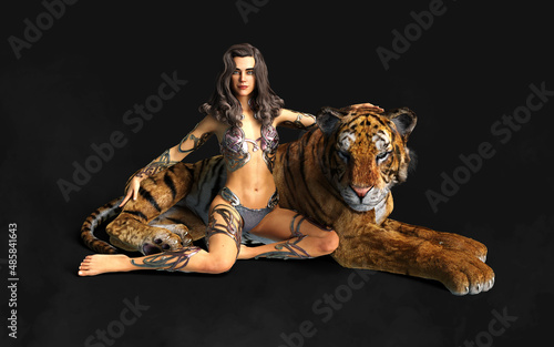 3d Illustration Project of Lady and The Bengal Tigers Poses on Black Background with Clipping Path.