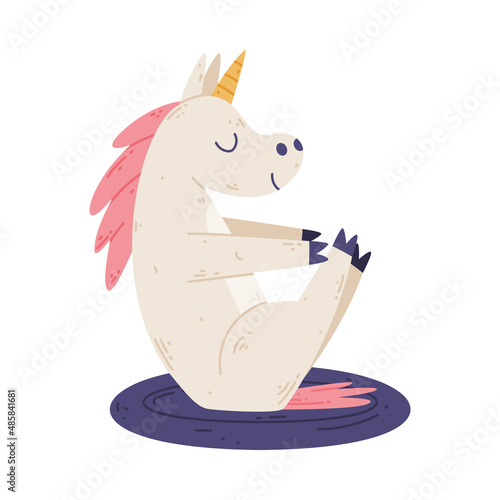 Funny Unicorn Animal on Yoga Mat Practicing Asana and Stretching Vector Illustration