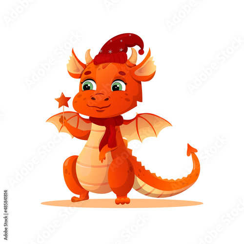 vector cartoon dragon in a santa claus hat holds an asterisk in its paw.