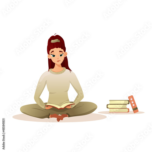 A young girl is sitting and reading an interesting book.