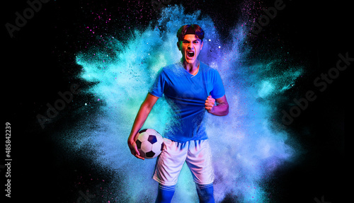 Collage. Portraits of professional football player posing isolated over black background with colorful powder explosion