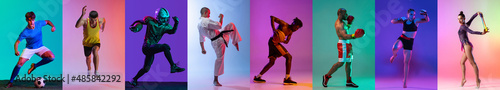 Collage of young people  professional sportsmen training isolated over multicolored background in neon