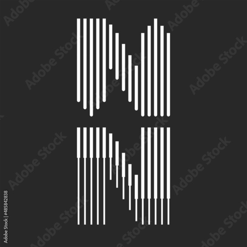 Set letter N logo initial monogram minimal style, identity symbol striped black and white vertical parallel thin lines, calligraphic creative design element.