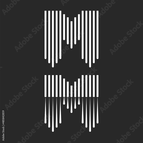 Letter M logo monogram striped design, many black and white vertical lines array.