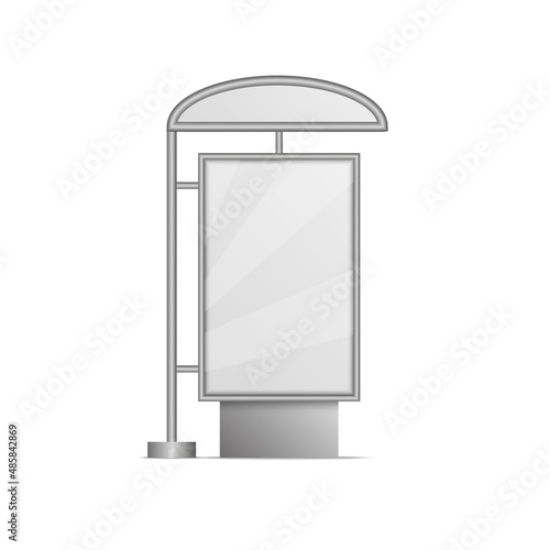 Bus stop with canopy side view panel with advertising banner isolated on white background, urban space element design mockup for informational presentation.