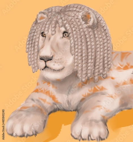 unusual lion with a curly mane and unusual colors illustration 