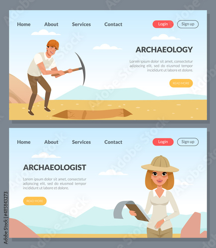 Landing Page with Archaeologist Working on Excavations in Search of Archaeological Remains Vector Template