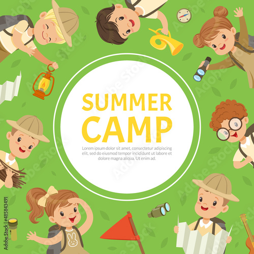 Little Boy and Girl Scout at Summer Camp with Backpack and Map and Round Text Shape Vector Template