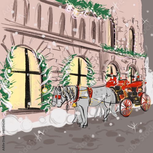christmas sled with horses on a decorated city street illustration 