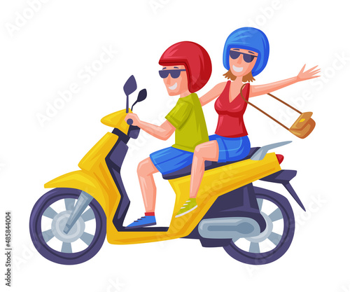 Man and Woman Driving Scooter or Motorbike on Bali Vector Illustration