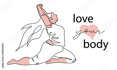 Love your body, body positive vector poster, banner, background. Chubby, plump, fat, obese woman or girl lineart. One continuous line art drawing illustration of fat ,overweight woman in yoga pose