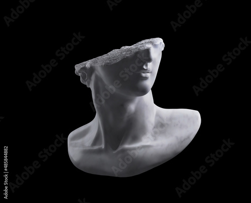 3D rendering illustration of a broken marble fragment of head sculpture in classical style in monochromatic grey tones isolated on black background.  photo