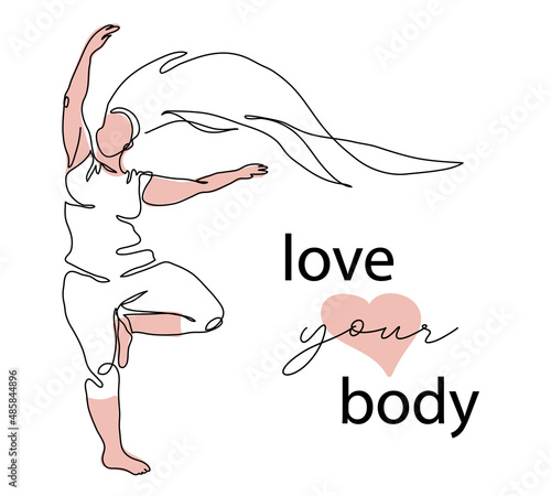 Chubby, plump, fat, obese, plus size vector woman or girl lineart. Love your body, body positive quote with woman illustration in yoga pose. One continuous line art drawing