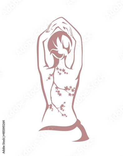 beautiful slim woman sitting her back to the viewer with raised hands and blooming sakura tree branch - back and spine health care and body balance concept monochrome vector outline design