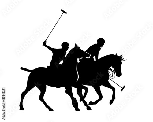 two jockeys holding mallets and riding running polo pony horse - horseback sportsmen black and white vector silhouette design