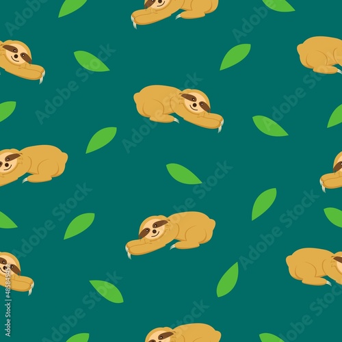 Seamless pattern of sloths lying on the ground and green leaves. Dark green background. Cartoon character. Cute and funny. Summer and spring. For wallpaper, textile, scrapbooking and wrapping paper