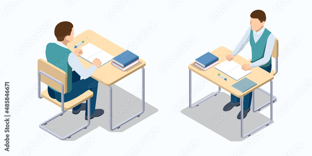 Isometric school desk and a chair. Schoolboy sitting at desk. School boy writing at her desk. Prepareing for test exam or studying lessons of secondary education. Back to school concept. Isometric school desk and a chair. Schoolboy sitting at desk. School boy writing at her desk. Prepareing for test exam or studying lessons of secondary education. Back to school concept.