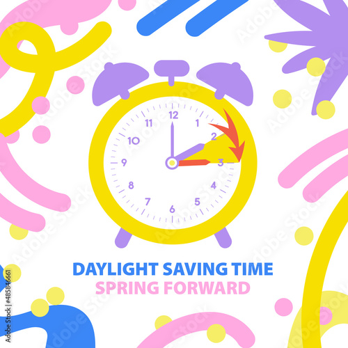 Spring Daylight Saving Time concept. Spring forward time banner in funny doodle cartoon style. Schedule with changing clocks forward one hour. Flat vector illustration template in modern trendy style