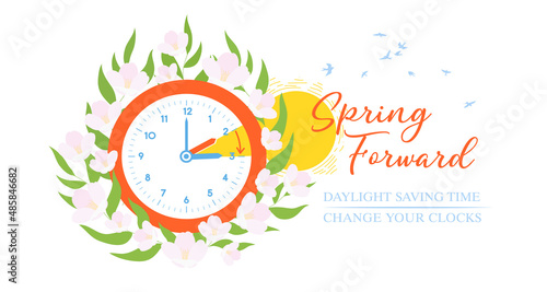 Daylight Saving Time Poster, Banner, Background. Spring Forward concept.