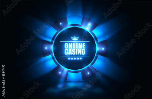 Vector luminous blue neon light casino poker chip banner. Dark night gamble background. Poker club text, blackjack or online casino banner