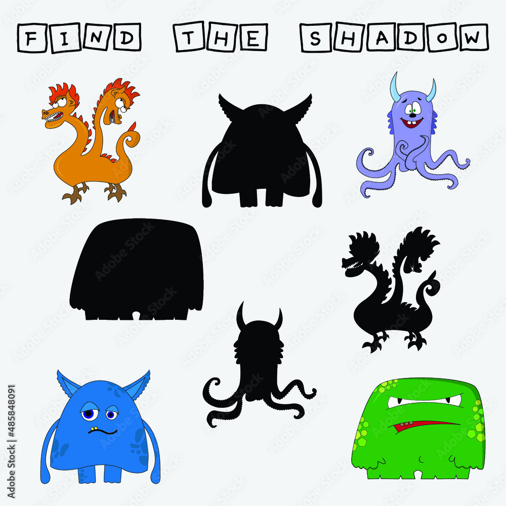 Obraz premium Find a shadow monsters. Match funny heroes with correct shadow. Preschool worksheet, kids activity worksheet, printable worksheet 