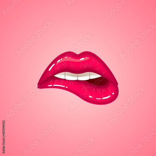 Sensuous lips, open mouth biting lip with lipstick