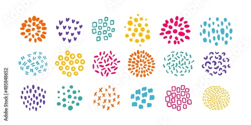 Hand drawn vector textured color circles set. Minimal ink scribble spots, black organic pattern doodle shapes. Nature print stains highlights backgrounds. Cute abstract textures design elements