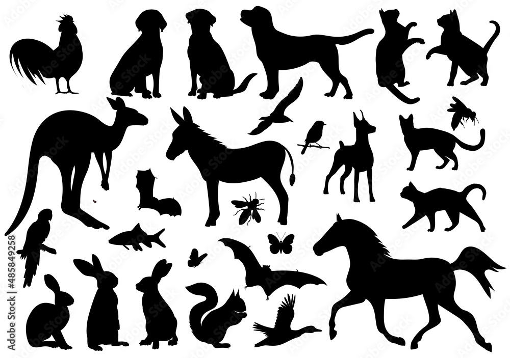 animals set silhouette ,on white background, vector