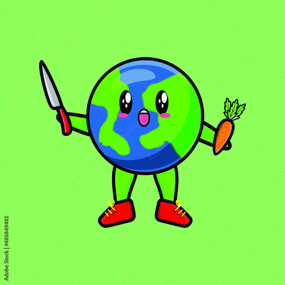 Obraz premium Cute cartoon mascot character earth holding knife and carrot in modern style design for t-shirt, sticker, logo element