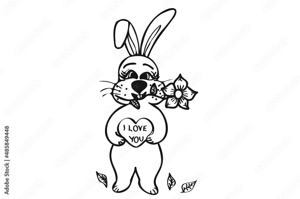 Fototapeta premium Vintage bunny line art, great design for any purposes. Modern trendy design. Rabbit in hand's heart, flower in mouth. Romantic illustration.