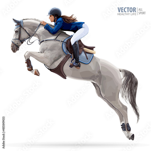 Jockey on horse. White Horse. Champion. Horse riding. Equestrian sport. Jockey riding jumping horse. Poster. Sport background. Isolated Vector Illustration